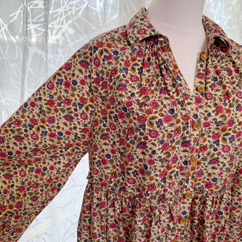byTiMo cream pink floral print long sleeve button up poplin maxi dress - Picture 4 of 16